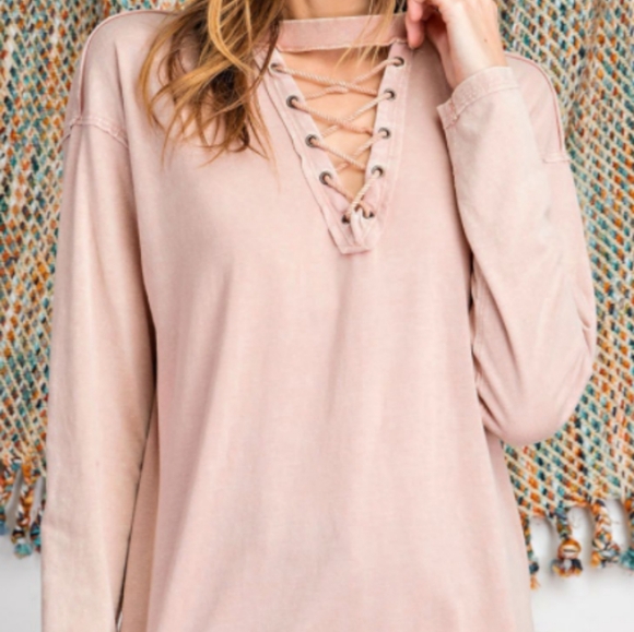 Dusty Pink Lace Up Long Sleeve Top - Picture 2 of 2